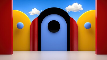 Poster - Abstract 3D render of a minimalist scene featuring geometric shapes, vibrant colors, and a whimsical sky backdrop. Clean lines, bold hues, and