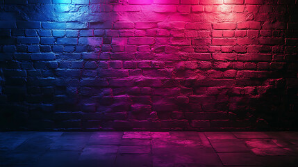 Poster - Cyberpunk style brick wall with blue and pink neon lights and concrete floor aesthetic for digital backgrounds and atmospheric urban photography