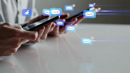 Fototapete - Two businesswomen are using mobile devices with email notification icons, highlighting the importance of communication and productivity in today's digital business environment
