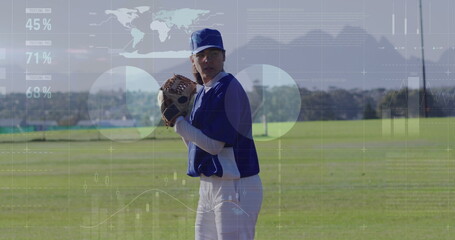 Poster - Image of data processing over caucasian female baseball player