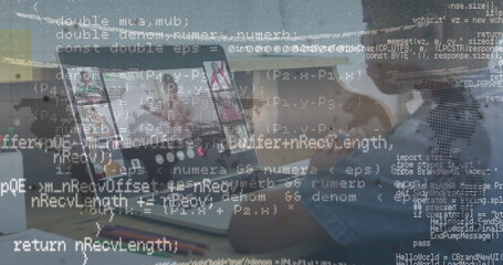 Poster - Image of data processing over teacher having image call with diverse schoolchildren