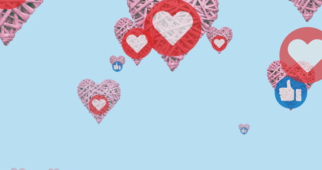 Poster - Image of media icons and hearts over blue background
