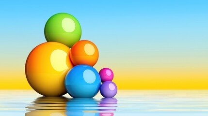 Poster - Vibrant colorful spheres arranged on a calm water surface against a sunset backdrop. The scene features bright, glossy spheres reflecting in the