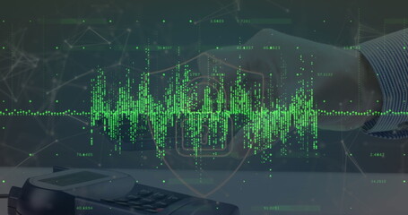 Poster - Image of data processing over hand paying with smartphone