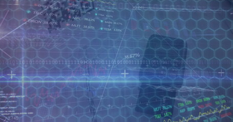 Poster - Image of shapes over data processing and network of connections on white background