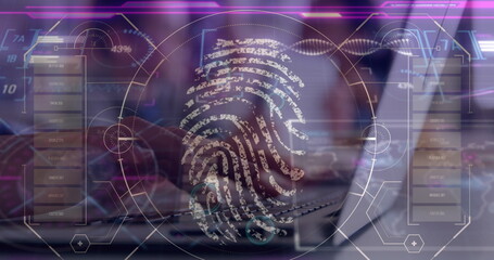 Poster - Image of data processing over hands using laptop