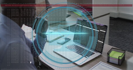 Poster - Image of data processing over african american businessman using laptop