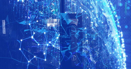 Poster - Image of moving shapes and globe over server room