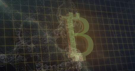 Poster - Image of shapes and bitcoin over data processing on black background