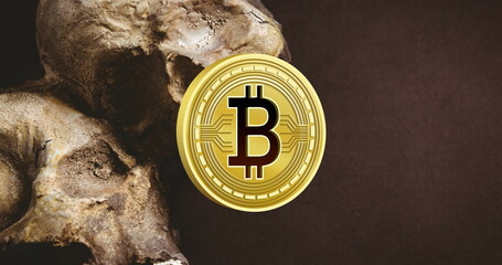 Poster - Image of skull and bitcoin over black background