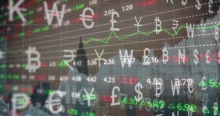 Poster - Image of graphs and currency symbols on grey background