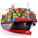 Large cargo ship with colorful containers against a white background. The vessel is viewed from the front, showcasing its full load.  A slight