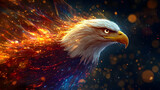Fiery eagle head against a dark background.