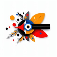 Poster - Abstract geometric design featuring an evil eye motif, stylized leaves in red, orange, and blue, and black and white geometric shapes on a white