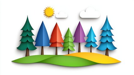 Poster - Vibrant illustration with colorful trees in a row, a sun, and a cloud, set against a white background with a minimalist design and a focus on