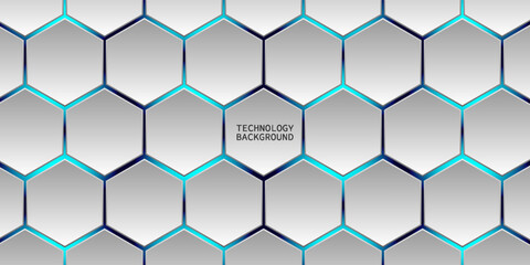 Wall Mural - White 3d hexagonal technology vector abstract background. Blue bright energy flashes under hexagon in modern technology futuristic background vector illustration. White honeycomb texture grid.