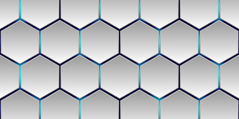Wall Mural - White 3d hexagonal technology vector abstract background. Blue bright energy flashes under hexagon in modern technology futuristic background vector illustration. White honeycomb texture grid.