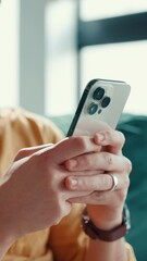 Aufkleber - Man, hands and typing on mobile for social media, text response and browsing website in home. Person, phone and scroll in living room for app interaction, networking and engaging on forum platform