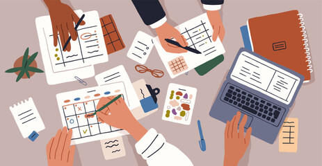 Poster - Hands at office table, planning and organizing work agenda, business calendar. Corporate team during schedule organization, at desk with laptop and paper notes, top view. Flat vector illustration