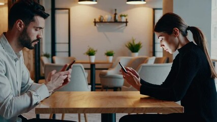 Poster - Business partners using their smartphones during a work break at a restaurant, highlighting the impact of technology on modern communication and relationships