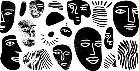 Poster - engraved abstract faces collage for art and design projects