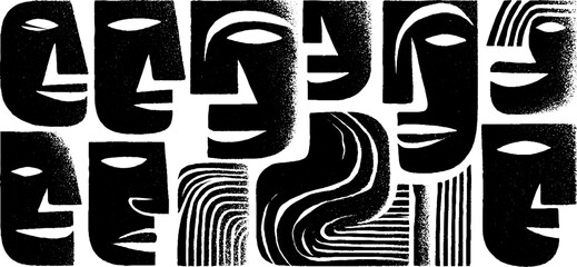 Poster - abstract engraved illustration of facial features with geometric patterns for creative design