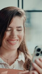 Aufkleber - Happy woman, relax or chatting with phone on sofa for communication or social media at home. Female person, user or smile with mobile smartphone for online texting, app or network connection at house
