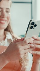 Aufkleber - Happy woman, hands and typing on mobile for social media, meme website and text message in home. Person, phone and laugh in living room for notification, good news and chatting on networking platform