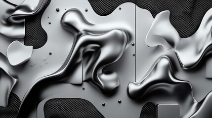 Poster - Modern digital background with clean silver panels, particle waves, and black space