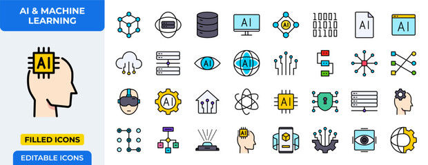 Poster - AI and Machine Learning Filled Icons Set - Artificial Intelligence, Data Science, and Robotics Vector with Editable Stroke