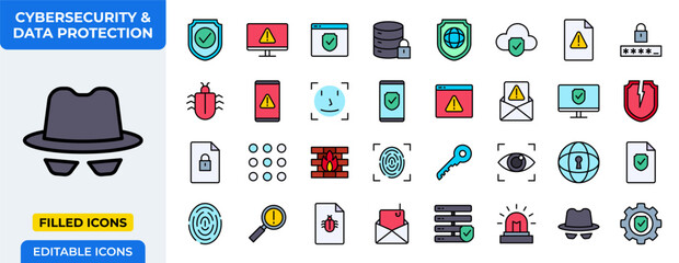 Poster - Cybersecurity and Data Protection Filled Icons Set - Network Security, Privacy, and Digital Safety Vector with Editable Stroke