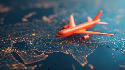 Poster - glowing of airplane paths, over world map with network Orange air cargo logistics delivery symbolizing global transportation and flying