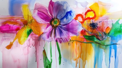 Poster - Gentle spring botanical painting in watercolor ink with bright flowers and soft gradient color blending