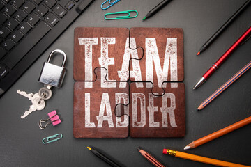 Wall Mural - team ladder. wooden puzzle pieces with text on a dark office table