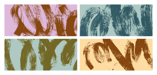 Poster - Paint brush strokes, banners set. Grungy abstract textures, background designs with dynamic brushstrokes, freehand paintbrush swirl, thick wavy grunge lines, graffiti effect. Flat vector illustrations