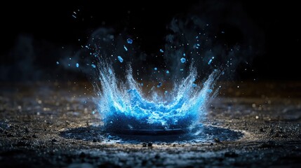 Poster - Blue fire particle burst with glowing sparks, futuristic power platform concept in a dark background