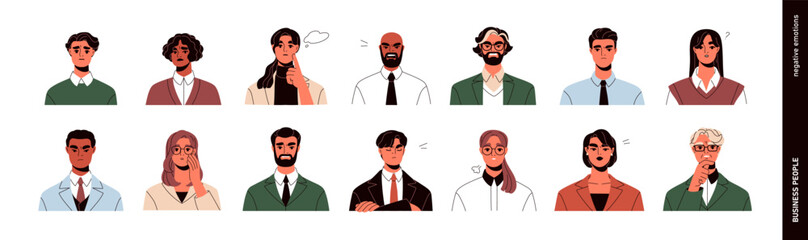 Poster - Business people with negative emotions, avatars set. Office workers, employees with sad, angry, stressed, worried and annoyed face expressions. Flat vector illustrations isolated on white background