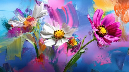 Poster - Artistic watercolor ink style painting of blooming spring flowers with gentle swirls of abstract color