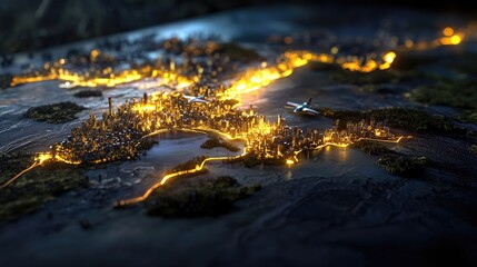 Aufkleber - Aerial travel routes visualized on tech map with glowing airplane trails, future logistics concept