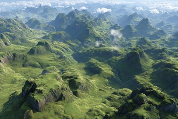 Aufkleber - Lush green mountains under a bright sky with clouds in a serene landscape