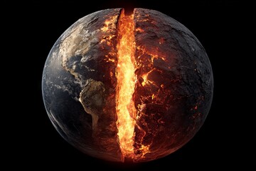 Poster - Imaginary depiction of Earth split in half showcasing fiery core and outer crust with contrasting landscapes