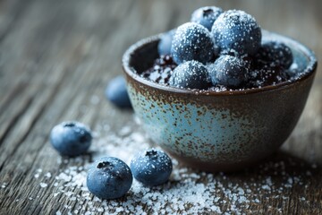 Poster - Blueberries with sugar served in a rustic bowl on a wooden table at a casual dining setting