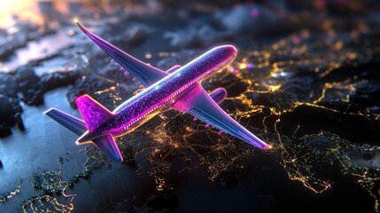 Poster - Aerial travel routes visualized on tech map with glowing airplane trails, future logistics concept
