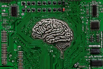Aufkleber - Circuit board design featuring a metallic brain shape illustrating the fusion of technology and artificial intelligence
