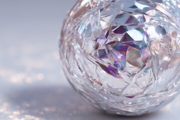 Poster - Intricate crystal sphere reflecting colors on a smooth surface in a soft light setting