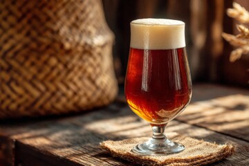Poster - Refreshing amber beer served in a crystal glass with foam at a rustic wooden table in warm afternoon light