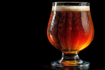 Poster - Crispy amber beverage in a glass showcasing bubbles and rich coloration on a dark backdrop