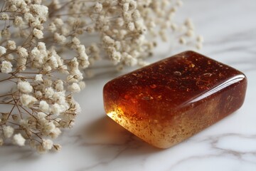 Poster - Beautiful amber resin block accompanied by delicate dried flowers on a light marble surface