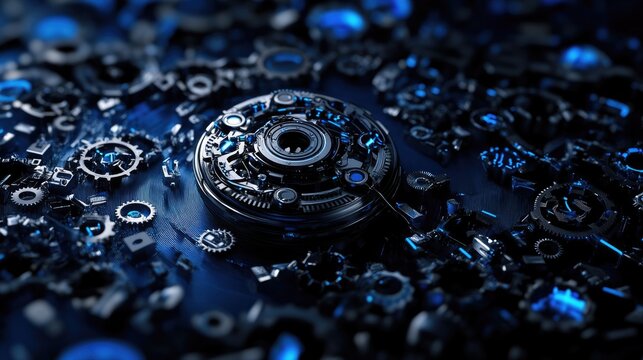 Abstract technology wallpaper with gear mechanisms and swirling data streams in blue gradient