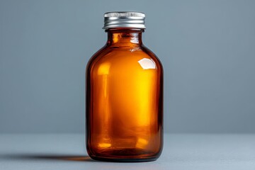 Poster - Brown glass bottle filled with liquid displayed on a simple background in a well-lit studio environment